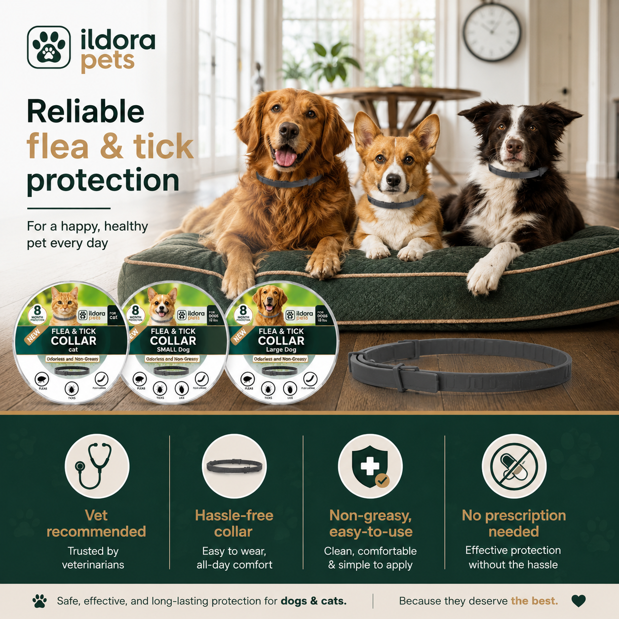 Flea & Tick Protection Collar for Dogs & Cats – 8 Month Protection